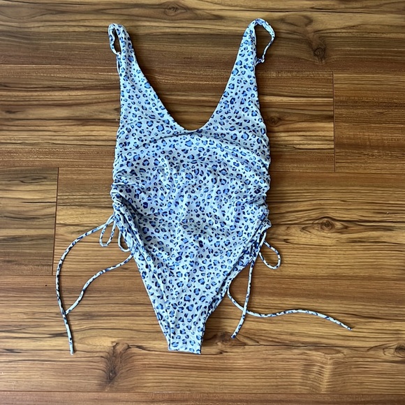 bond-eye Other - Blue Leopard Print One-Piece Swimsuit with Side Drawstrings
